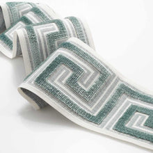 Load image into Gallery viewer, 3.5&quot; Wide Seafoam Aqua Green Velvet Geometric Greek Key Drapery Tape Trim