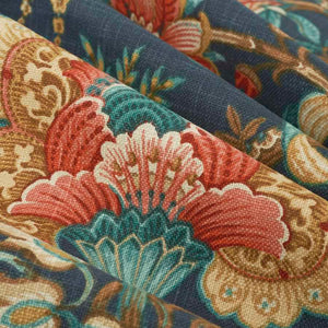 Cotton Teal Blue Coral Brown Floral Upholstery Drapery Fabric