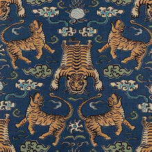 Load image into Gallery viewer, Cotton Linen Teal Blue Green Beige Cream Tibetan Tiger Upholstery Drapery Fabric