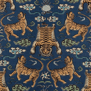 Cotton Linen Teal Blue Green Beige Cream Tibetan Tiger Upholstery Drapery Fabric
