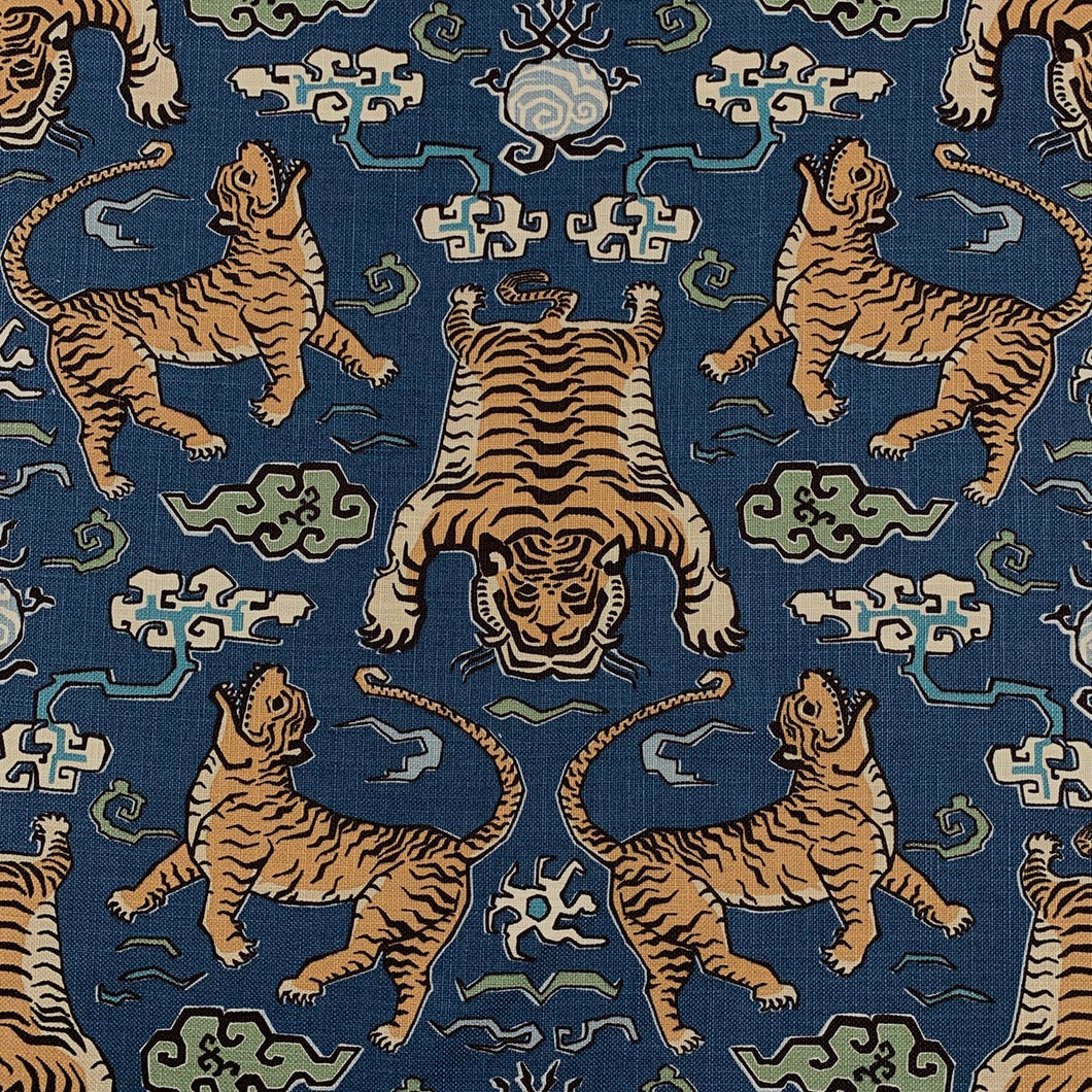 Cotton Linen Teal Blue Green Beige Cream Tibetan Tiger Upholstery Drapery Fabric