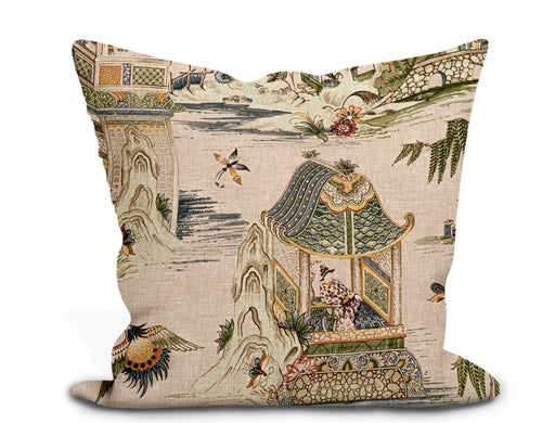 Custom Pillow Cover in Chinoiserie Thibaut Grand Palace in Blush - One Side