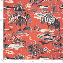 Load image into Gallery viewer, Red Teal Beige Asian Chinoiserie Cotton Drapery Upholstery Fabric