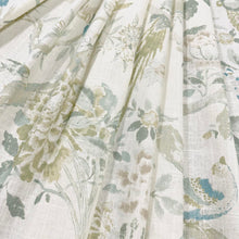 Load image into Gallery viewer, Linen Blend Ivory Aqua Seafoam Green Taupe Floral Bird Upholstery Drapery Fabric MGF
