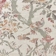 Load image into Gallery viewer, Linen Blend Ecru Red Green Taupe Floral Bird Upholstery Drapery Fabric MGF