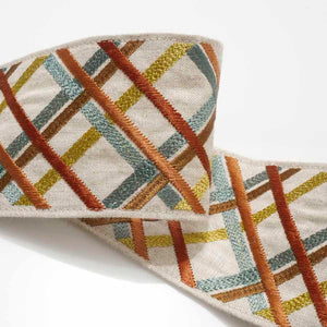 3.25" Wide Linen Viscose Blue Mustard Orange Geometric Embroidered Tape Trim
