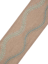 Load image into Gallery viewer, 3.25" Wide Taupe Seafoam Blue Green Geometric Embroidered Drapery Tape Trim