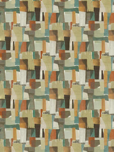 Green Orange Cream Charcoal Grey Teal Abstract Geometric Chenille Upholstery Fabric