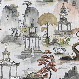 Cotton Ivory Grey Brown Mustard Auburn Chinoiserie Asian Upholstery Drapery Fabric