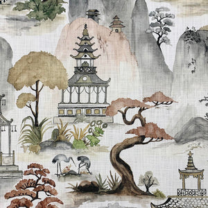 Cotton Ivory Grey Brown Mustard Auburn Chinoiserie Asian Upholstery Drapery Fabric