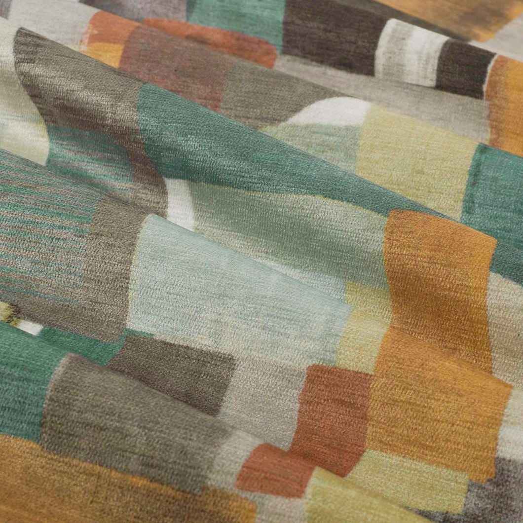 Green Orange Cream Charcoal Grey Teal Abstract Geometric Chenille Upholstery Fabric