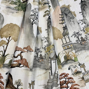 Cotton Ivory Grey Brown Mustard Auburn Chinoiserie Asian Upholstery Drapery Fabric