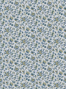 Cotton Aqua Navy Blue Mustard Floral Jacobean Upholstery Drapery Fabric