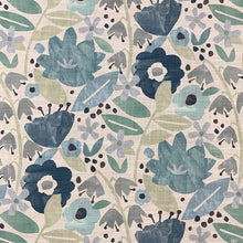 Load image into Gallery viewer, Cotton Linen Ivory Seafoam Blue Green Aqua Teal Black Floral Upholstery Drapery Fabric