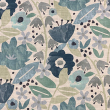 Load image into Gallery viewer, Cotton Linen Ivory Seafoam Blue Green Aqua Teal Black Floral Upholstery Drapery Fabric