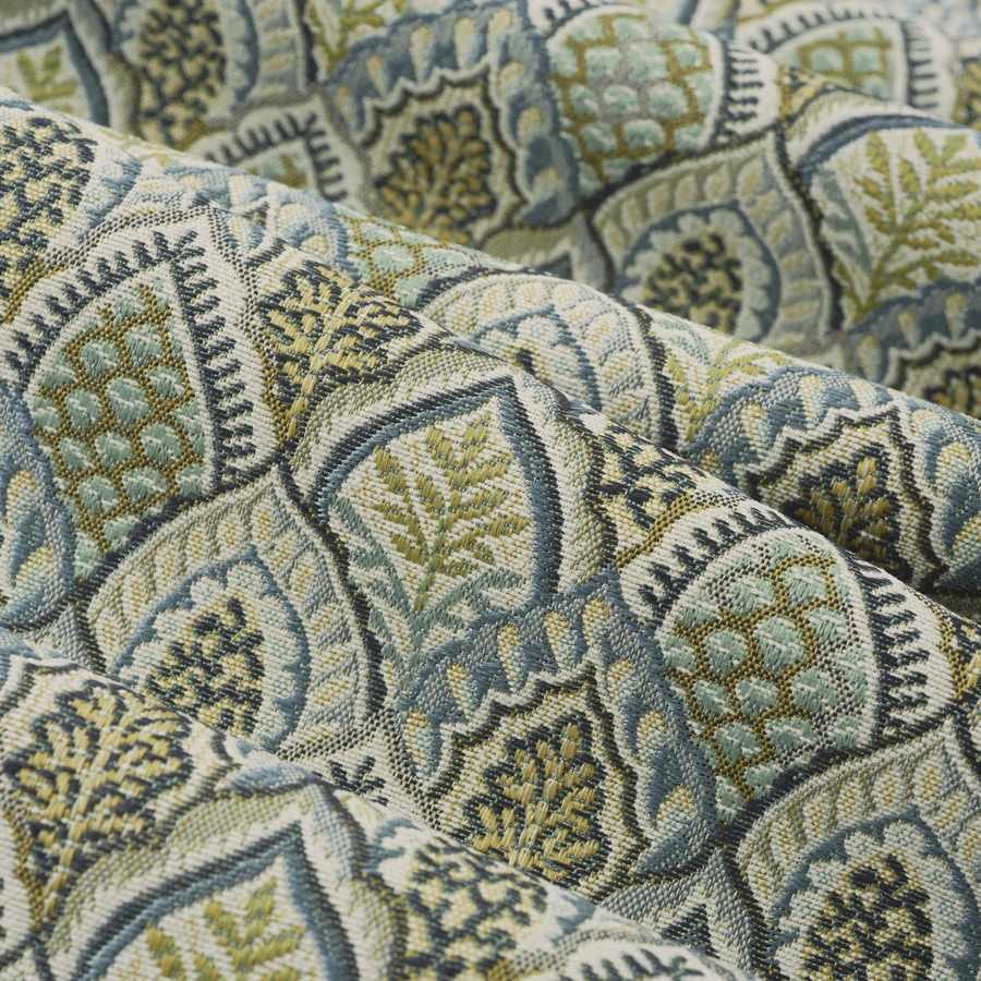 Teal Cream Green Mustard Bargello Fan Upholstery Fabric