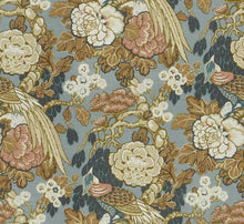 Load image into Gallery viewer, Cotton Teal Aqua Blue Brown Mustard Cream Floral Bird Upholstery Drapery Fabric
