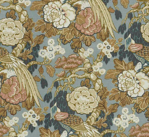Cotton Teal Aqua Blue Brown Mustard Cream Floral Bird Upholstery Drapery Fabric