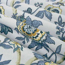 Load image into Gallery viewer, Cotton Aqua Navy Blue Mustard Floral Jacobean Upholstery Drapery Fabric