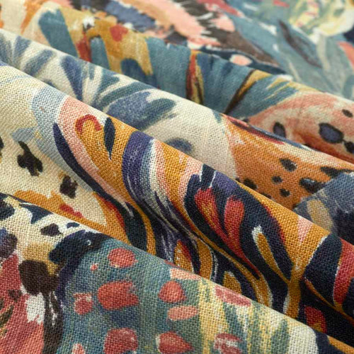 Linen Viscose Navy Blue Coral Mustard Cream Abstract Upholstery Drapery Fabric