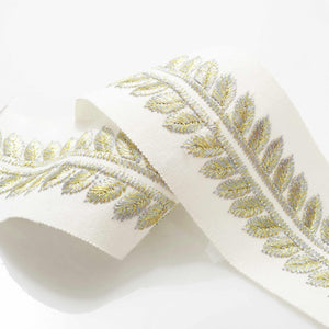 2.5" Wide Off White Silver Gold Metallic Embroidered Drapery Tape Trim