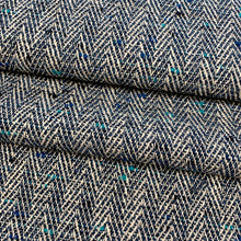Load image into Gallery viewer, Cotton Viscose Linen Navy Blue Cream Turquoise Black Teal Herringbone Tweed Upholstery Drapery Fabric