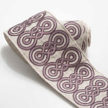 Load image into Gallery viewer, 3.25" Wide Linen Viscose Oatmeal Beige Purple Embroidered Drapery Tape Trim