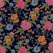 Load image into Gallery viewer, Linen Viscose Navy Blue Green Pink Teal Orange Floral Chinoiserie Upholstery Drapery Fabric