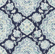 Load image into Gallery viewer, Viscose Linen Cream Navy Blue Teal Brown Medallion Upholstery Drapery Fabric