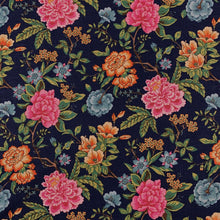 Load image into Gallery viewer, Linen Viscose Navy Blue Green Pink Teal Orange Floral Chinoiserie Upholstery Drapery Fabric