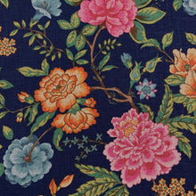 Load image into Gallery viewer, Linen Viscose Navy Blue Green Pink Teal Orange Floral Chinoiserie Upholstery Drapery Fabric