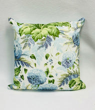 Load image into Gallery viewer, 22” X 22” Pillow Cover in Floral Thibaut Dahlia in Sky on White - a Pair