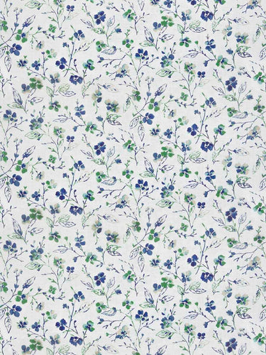 Linen Rayon Cream Navy Blue Green Beige Floral Drapery Fabric FB