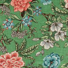 Load image into Gallery viewer, Linen Viscose Jade Green Teal Blue Pink Floral Chinoiserie Upholstery Drapery Fabric