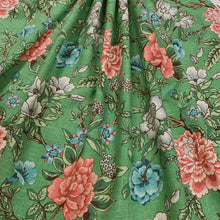 Load image into Gallery viewer, Linen Viscose Jade Green Teal Blue Pink Floral Chinoiserie Upholstery Drapery Fabric