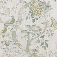 Load image into Gallery viewer, Linen Blend Ivory Aqua Seafoam Green Taupe Floral Bird Upholstery Drapery Fabric MGF