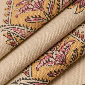 Beige Yellow Pink Black Paisley Cotton Drapery Upholstery Fabric
