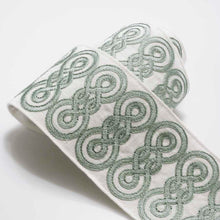 Load image into Gallery viewer, 3.25&quot; Wide Linen Viscose Ivory Seafoam Green Embroidered Drapery Tape Trim