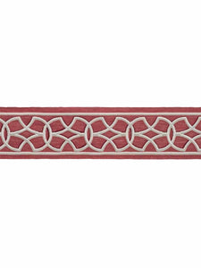 3.25" Rose Red Ivory Embroidered Geometric Drapery Tape Trim