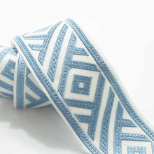 Load image into Gallery viewer, 3" Wide Ivory Blue Geometric Embroidered Drapery Tape Trim