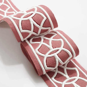 3.25" Rose Red Ivory Embroidered Geometric Drapery Tape Trim