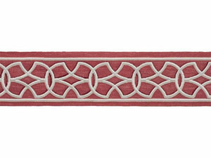 3.25" Rose Red Ivory Embroidered Geometric Drapery Tape Trim