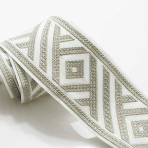 3" Wide Ivory Grey Geometric Embroidered Drapery Tape Trim