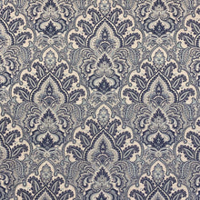 Load image into Gallery viewer, Ivory Grey Navy Blue Aqua Damask Upholstery Drapery Fabric