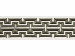 4" Wide Off White Olive Green Embroidered Geometric Drapery Tape Trim