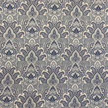Load image into Gallery viewer, Ivory Grey Navy Blue Aqua Damask Upholstery Drapery Fabric