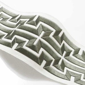 4" Wide Off White Olive Green Embroidered Geometric Drapery Tape Trim
