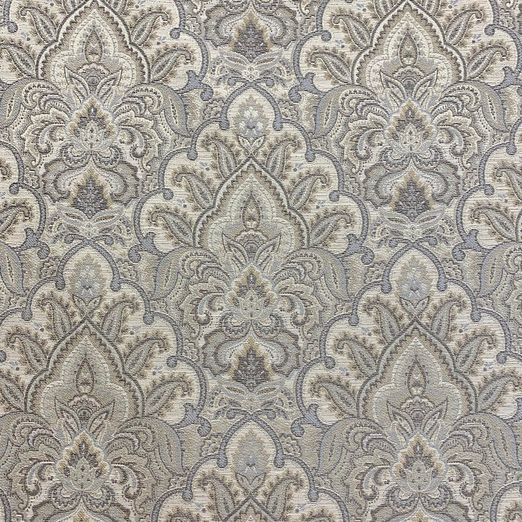 Ivory Blue Beige Gold Grey Damask Upholstery Drapery Fabric