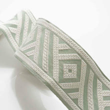 Load image into Gallery viewer, 3" Wide Ivory Seafoam Aqua Green Geometric Embroidered Drapery Tape Trim