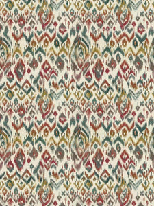 Ivory Teal Red Orange Mustard Grey Ikat Tapestry Upholstery Fabric